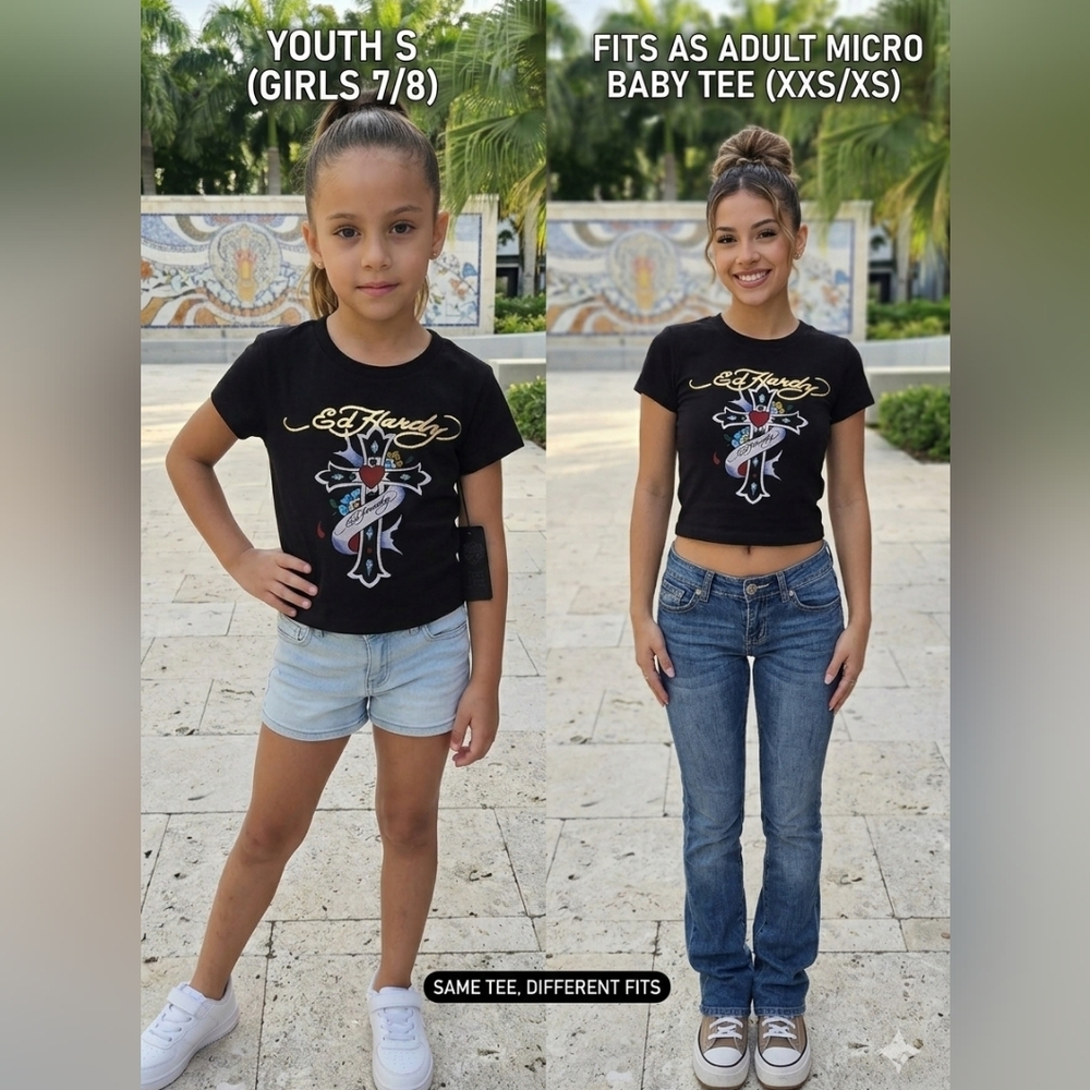 Ed Hardy Y2K Cross Graphic Tee NWT Youth Small Fits 7/8 Girls or XXS/XS Women - Picture 2 of 16